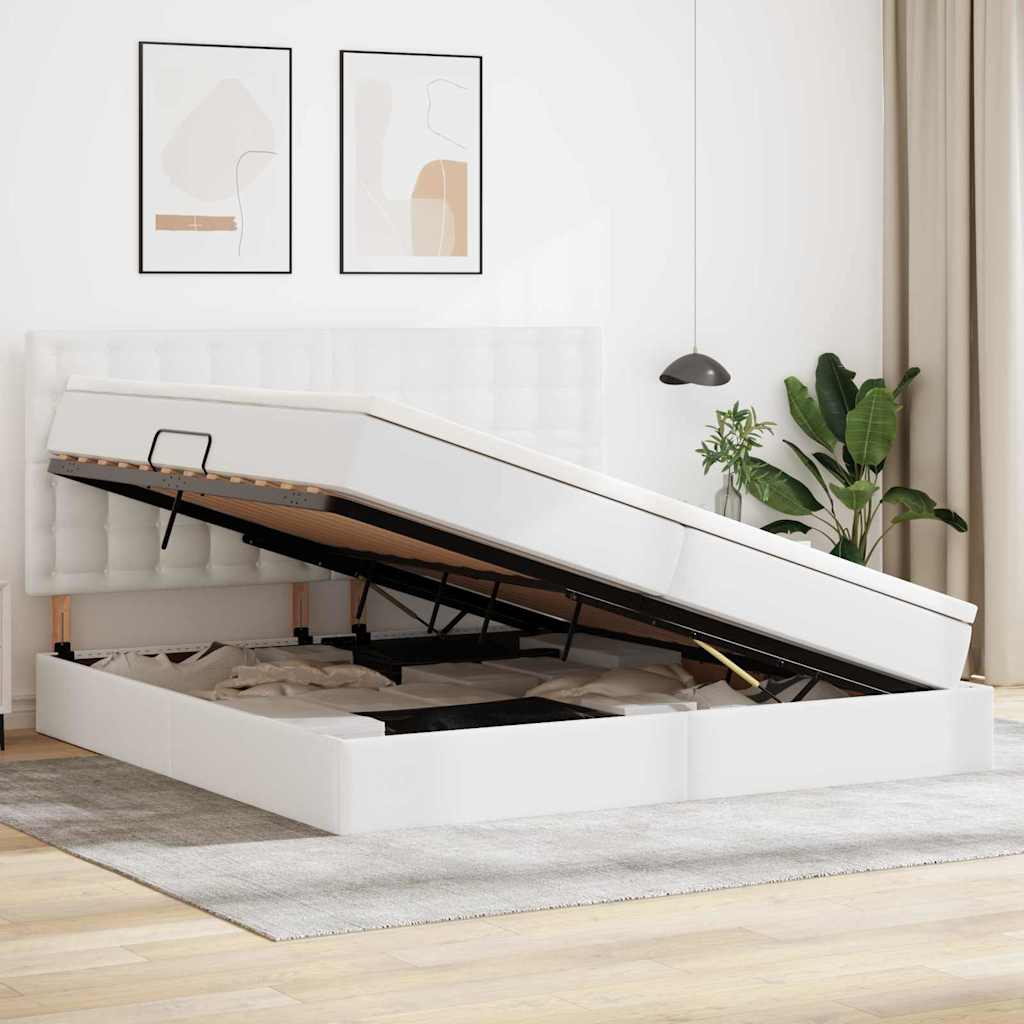 Opslag bed met matras met opslag Puur Wit 200 x 200 cm Nep Leer