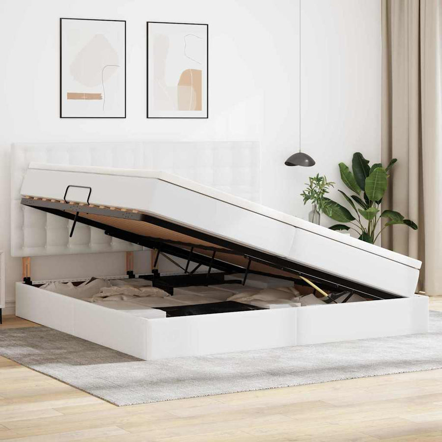 Opslag bed met matras met opslag Puur Wit 200 x 200 cm Nep Leer