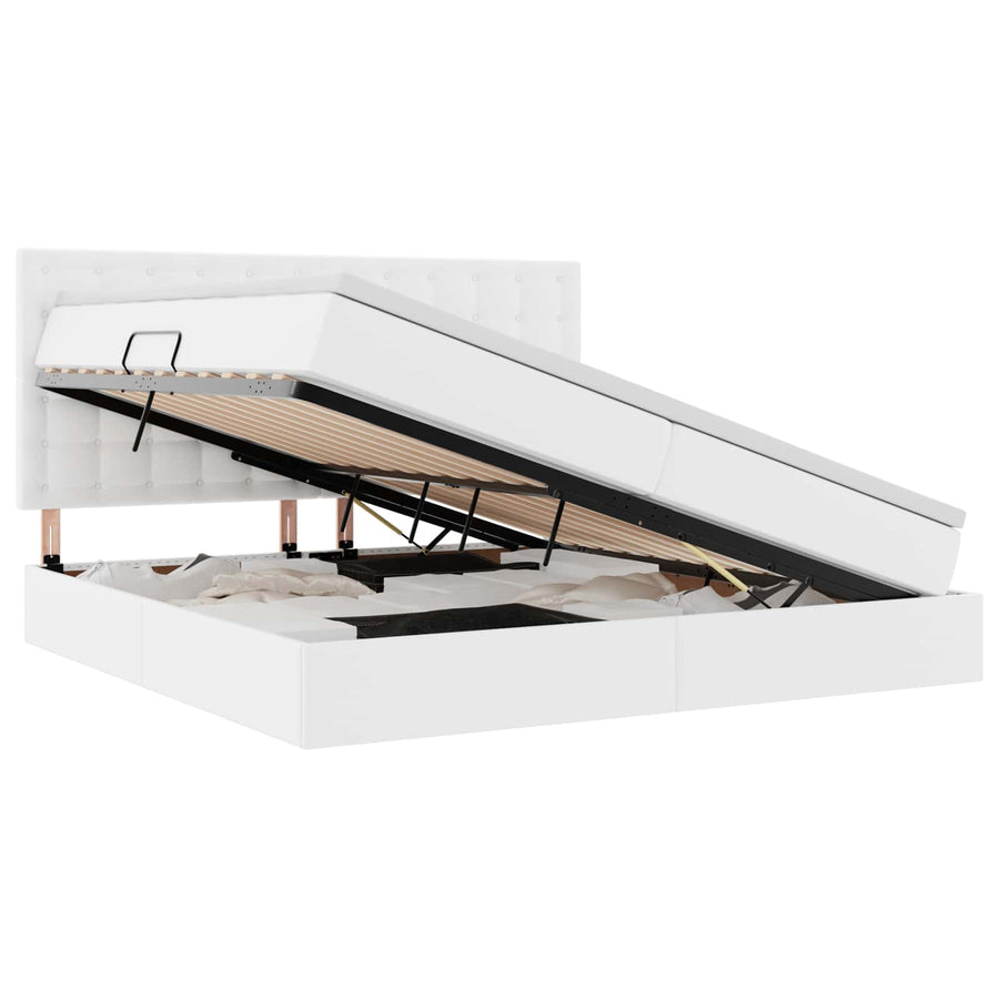 Opslag bed met matras met opslag Puur Wit 200 x 200 cm Nep Leer