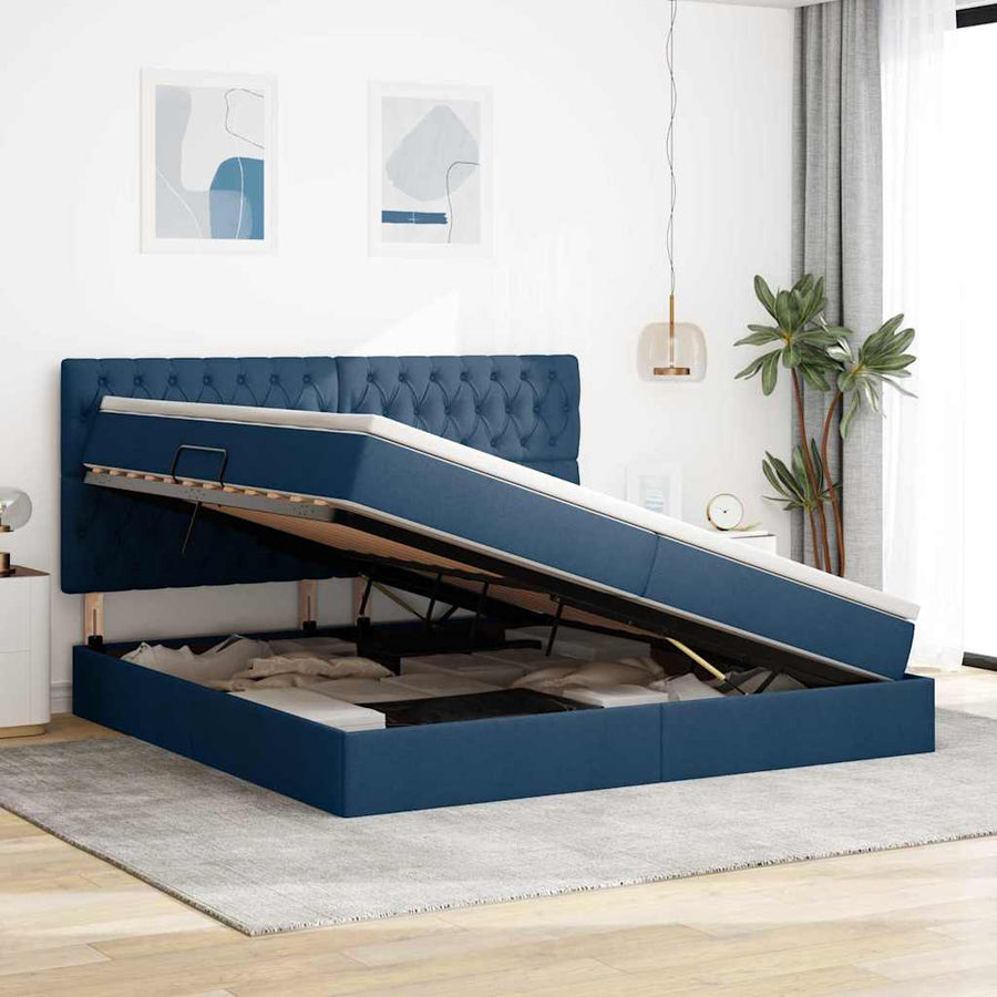 Opslag bed met matras met opslag Blauw 200 x 200 cm Nep Leer