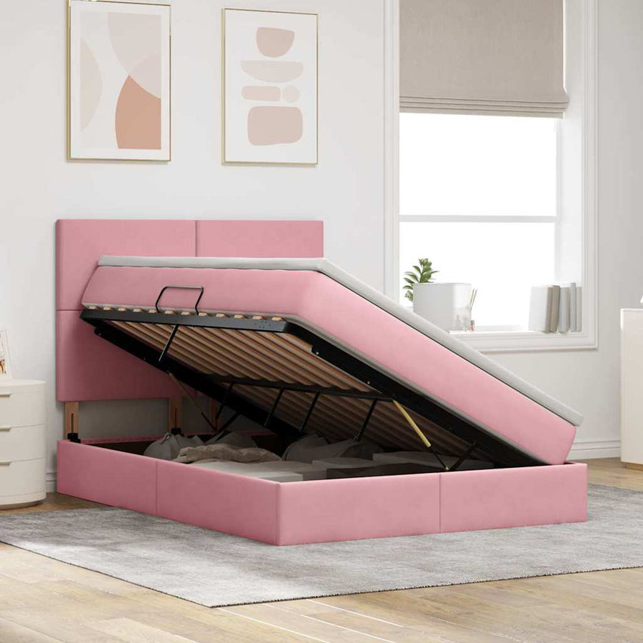 Opbergbed met LED met matras Roze 140 x 200 cm Fluweel