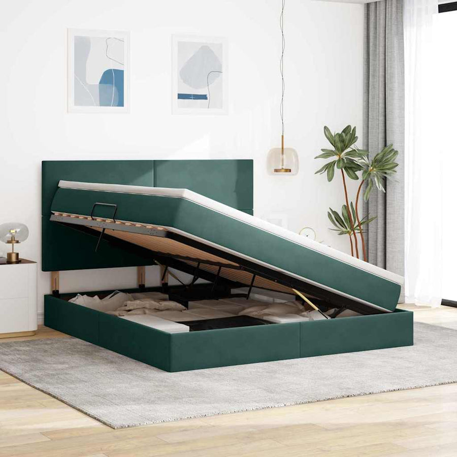 Opbergbed met LED met matras Donkergroen 160 x 200 cm Fluweel