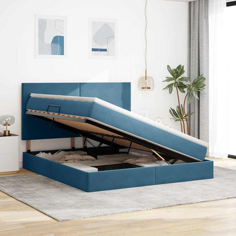 Opbergbed met LED met matras Donkerblauw 160 x 200 cm Fluweel