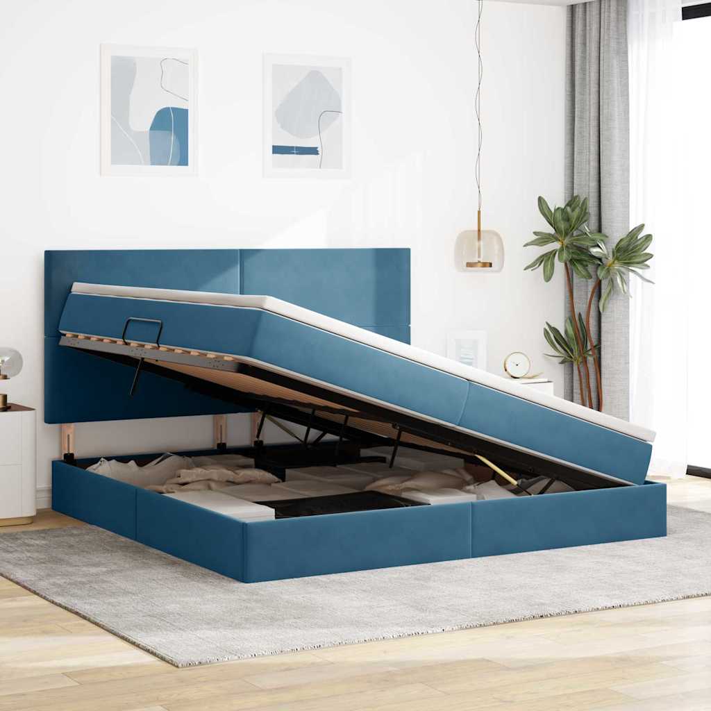 Opbergbed met LED met matras Donkerblauw 200 x 200 cm Fluweel
