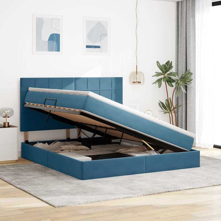 Opbergbed met LED met matras Donkerblauw 160 x 200 cm Fluweel