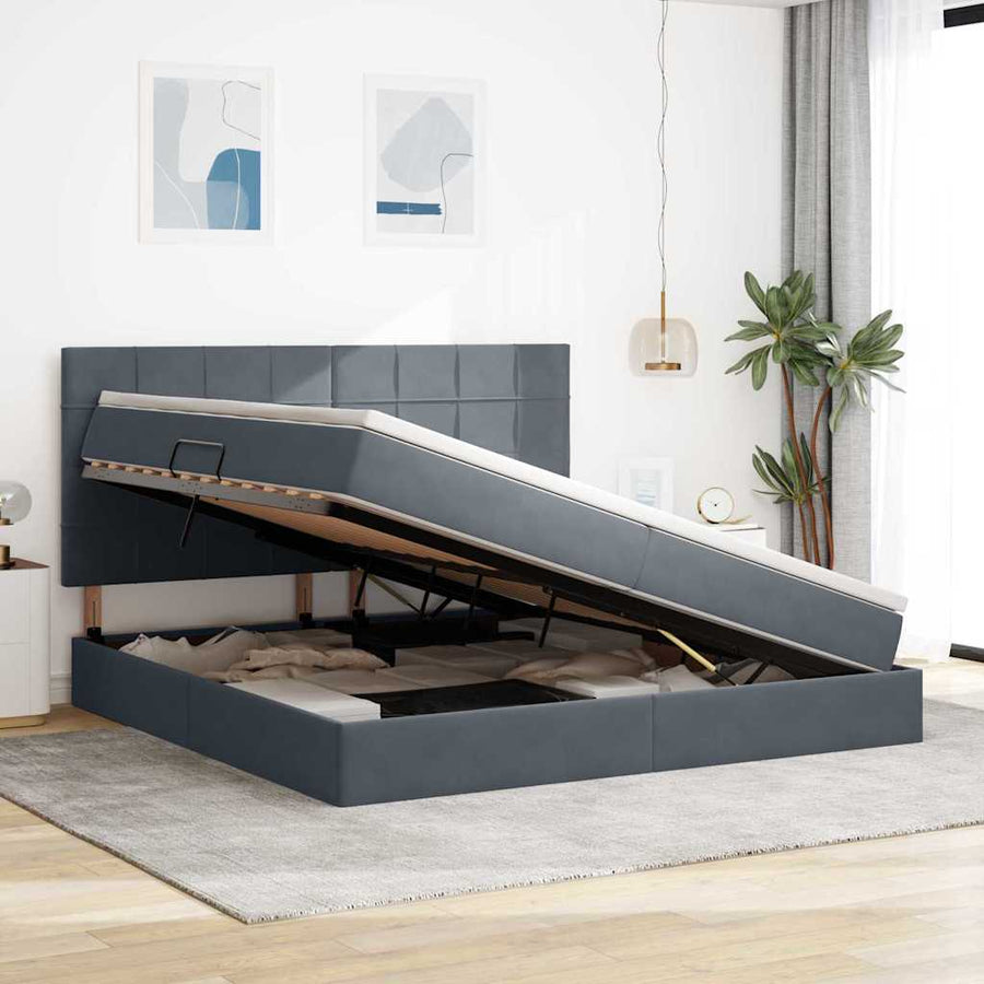 Opbergbed met LED met matras Donkergrijs 200 x 200 cm Fluweel