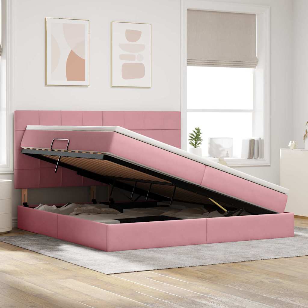 Opbergbed met LED met matras Roze 200 x 200 cm Fluweel