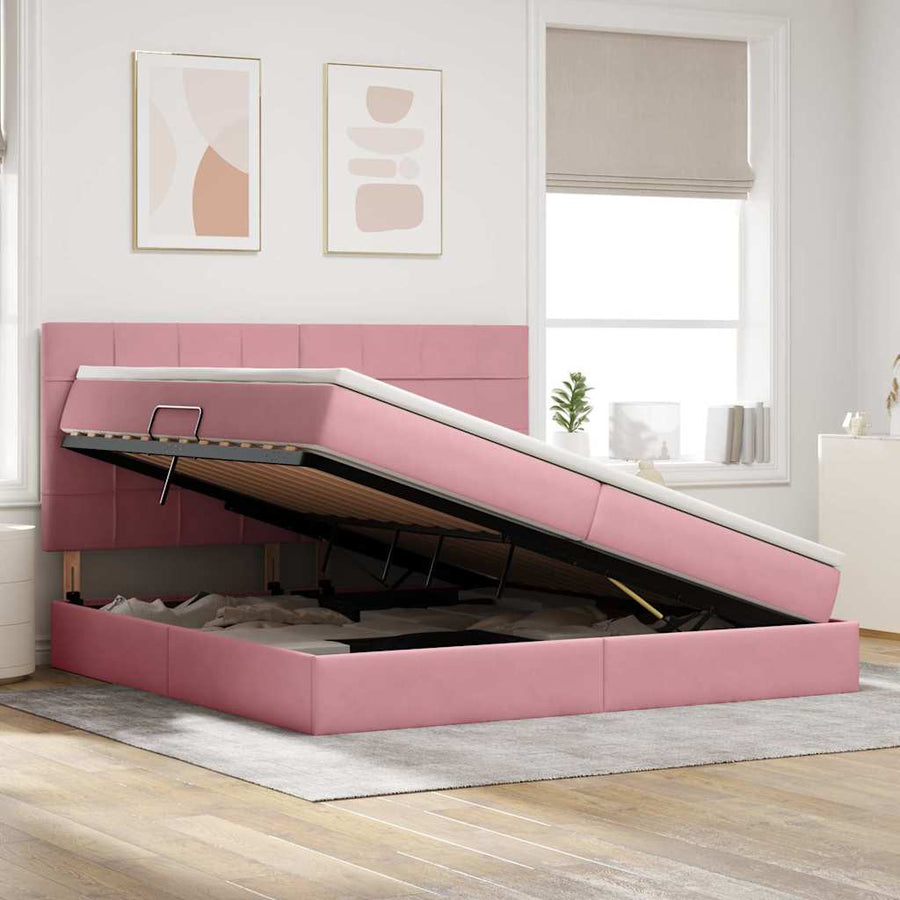Opbergbed met LED met matras Roze 200 x 200 cm Fluweel