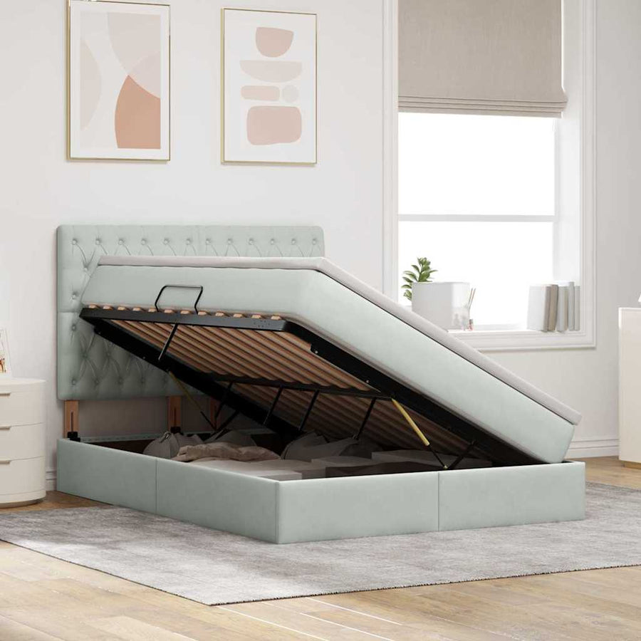 Opbergbed met LED met matras Lichtgrijs 140 x 200 cm Fluweel