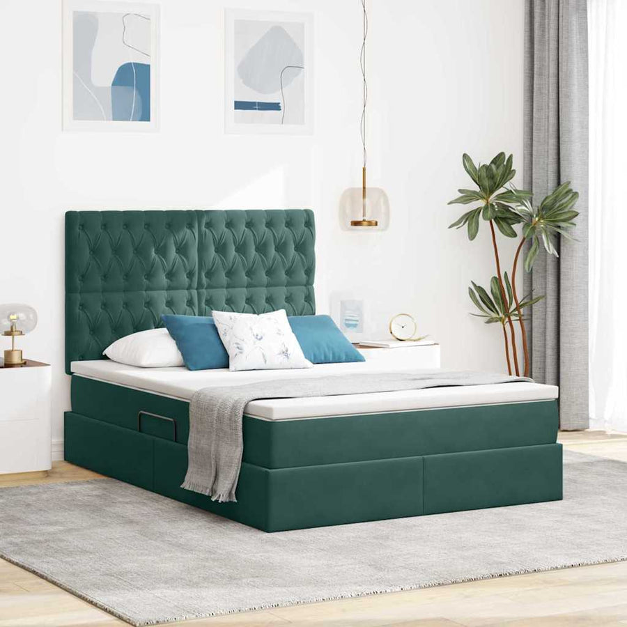 Opbergbed met LED met matras Donkergroen 140 x 200 cm Fluweel