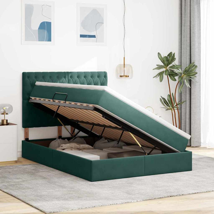 Opbergbed met LED met matras Donkergroen 140 x 200 cm Fluweel