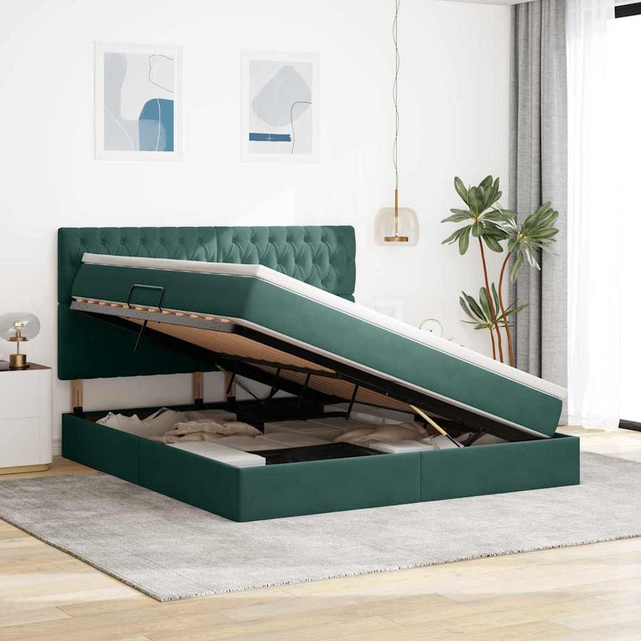 Opbergbed met LED met matras Donkergroen 160 x 200 cm Fluweel