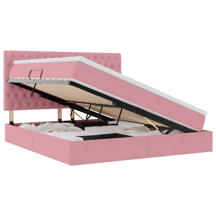 Opbergbed met LED met matras Roze 160 x 200 cm Fluweel