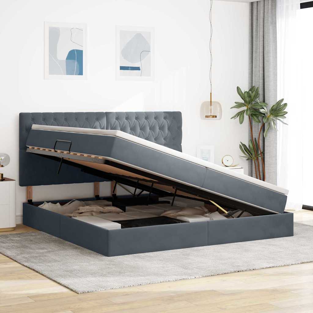 Opbergbed met LED met matras Donkergrijs 200 x 200 cm Fluweel