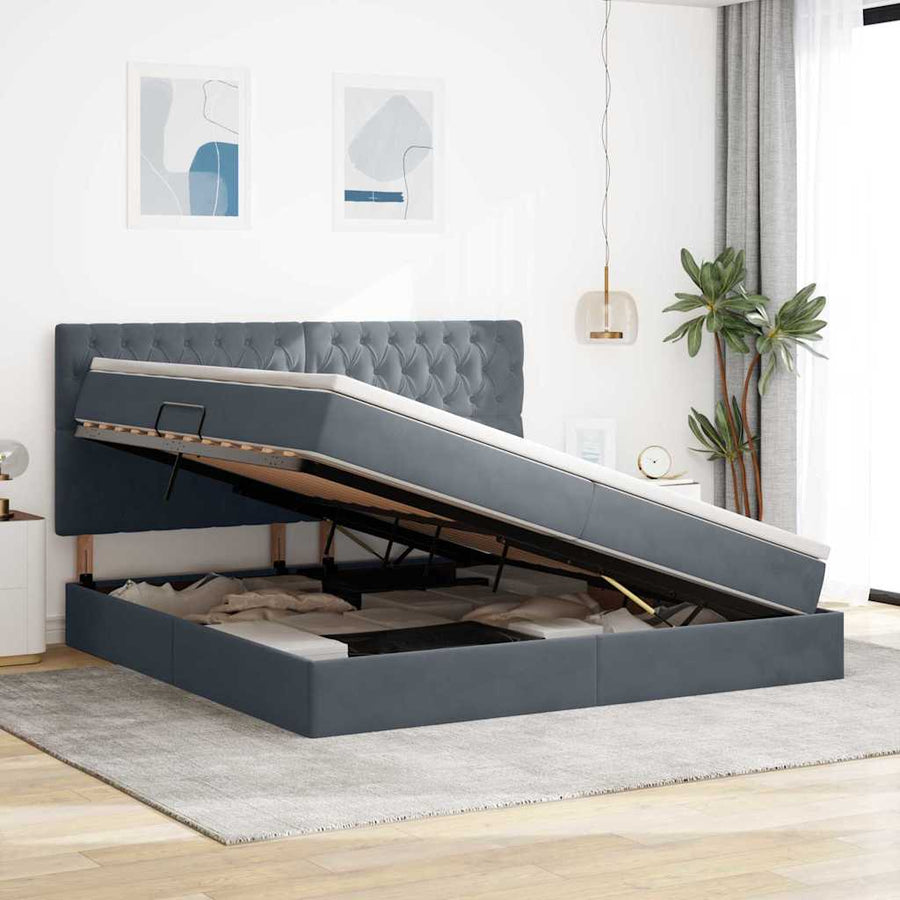 Opbergbed met LED met matras Donkergrijs 200 x 200 cm Fluweel