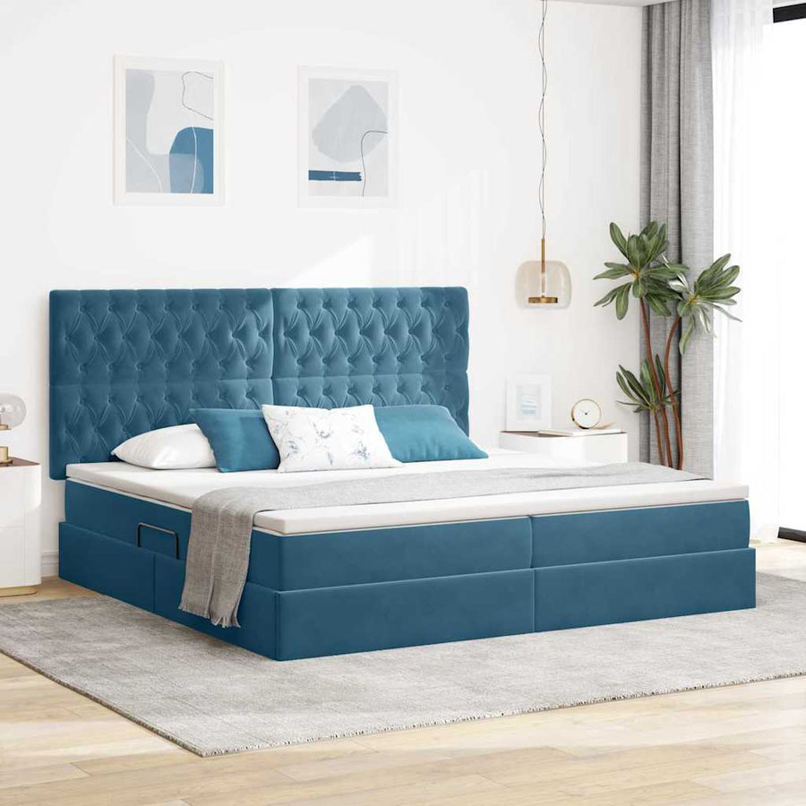 Opbergbed met LED met matras Donkerblauw 200 x 200 cm Fluweel