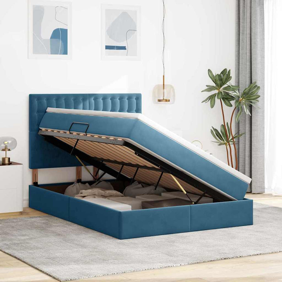 Opbergbed met LED met matras Donkerblauw 140 x 200 cm Fluweel