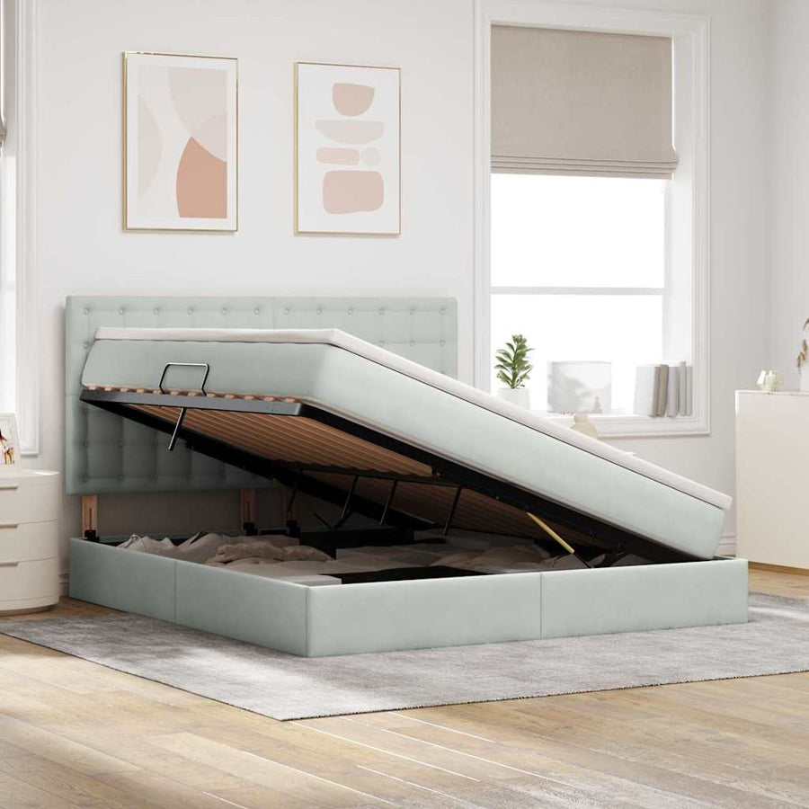 Opbergbed met LED met matras Lichtgrijs 160 x 200 cm Fluweel
