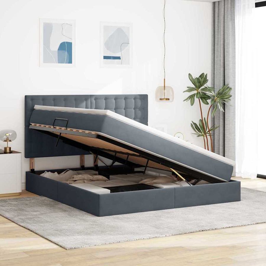 Opbergbed met LED met matras Donkergrijs 160 x 200 cm Fluweel