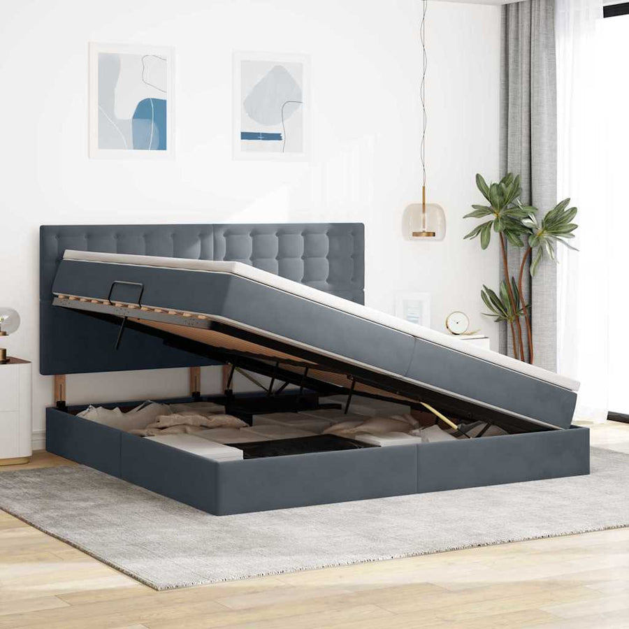 Opbergbed met LED met matras Donkergrijs 200 x 200 cm Fluweel