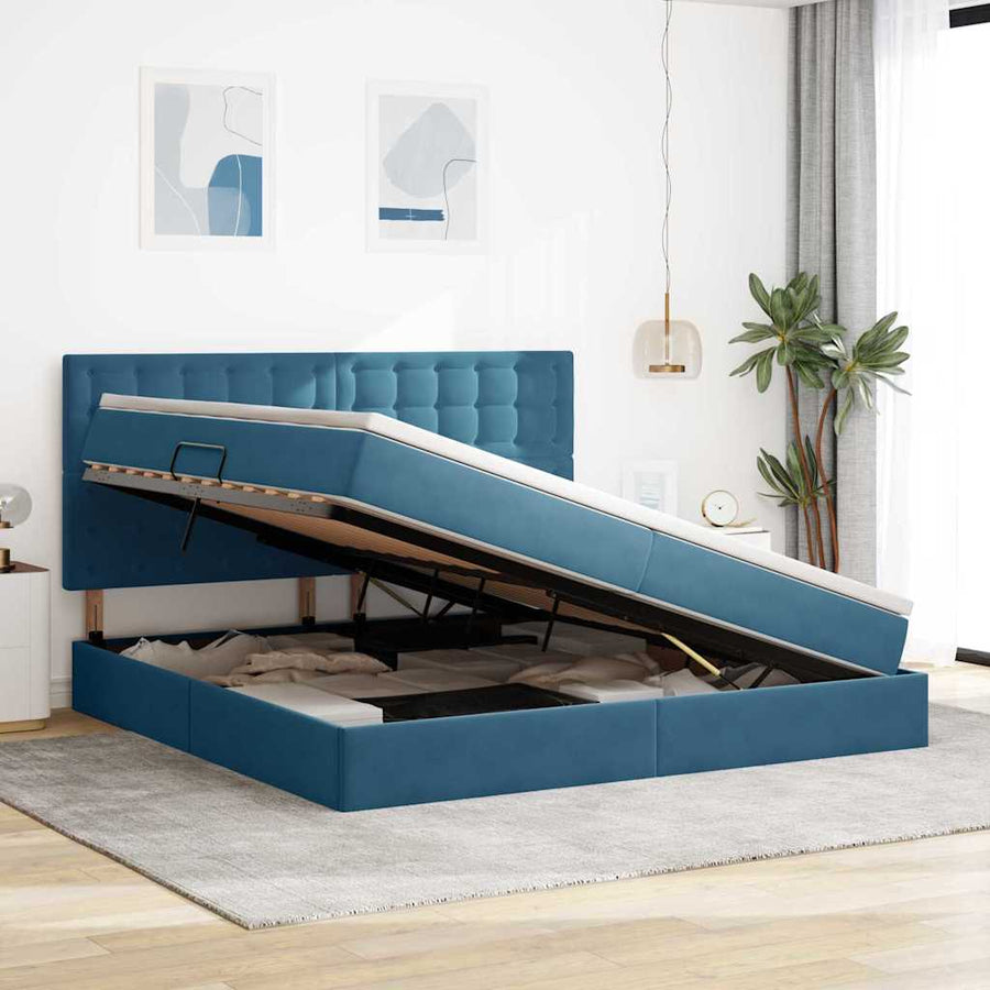 Opbergbed met LED met matras Donkerblauw 200 x 200 cm Fluweel