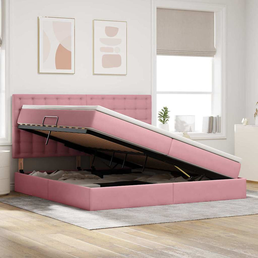 Opbergbed met LED met matras Roze 200 x 200 cm Fluweel
