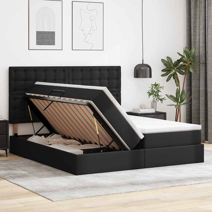 Opbergbed met matras met matras Zwart 200 x 200 cm Nep Leer