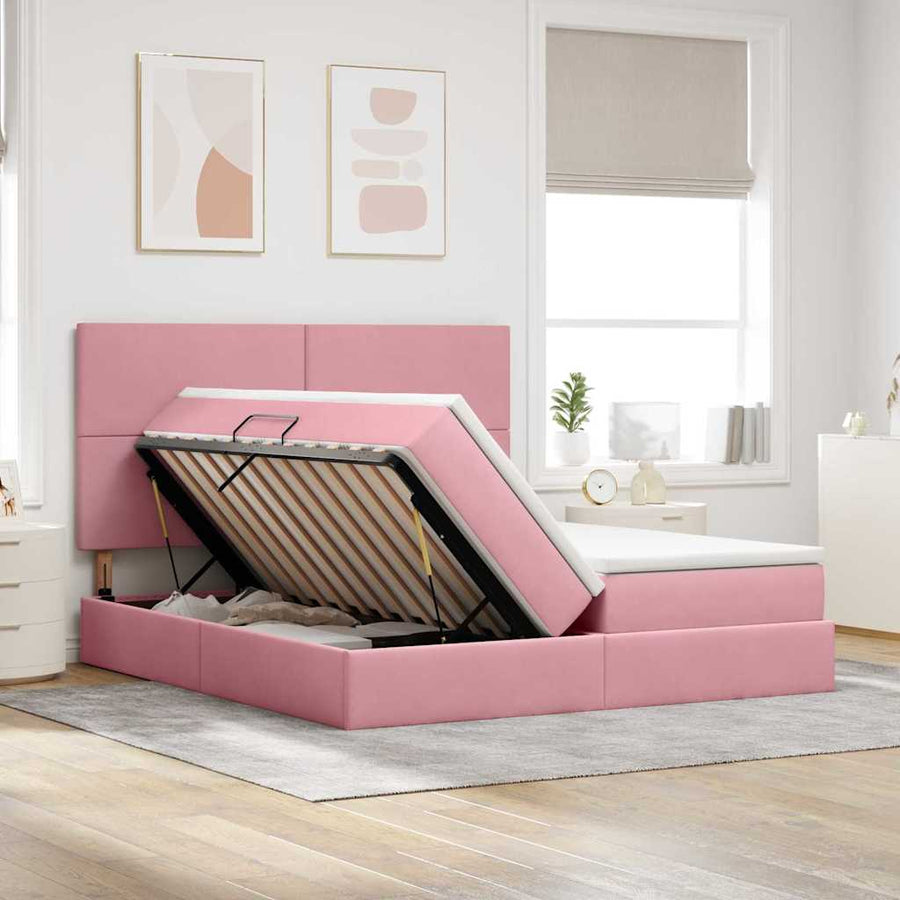 Opslag bed met matras met hoofdeinde Roze 200 x 200 cm Fluweel