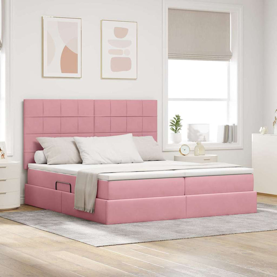 Opslag bed met matras met hoofdeinde Roze 200 x 200 cm Fluweel