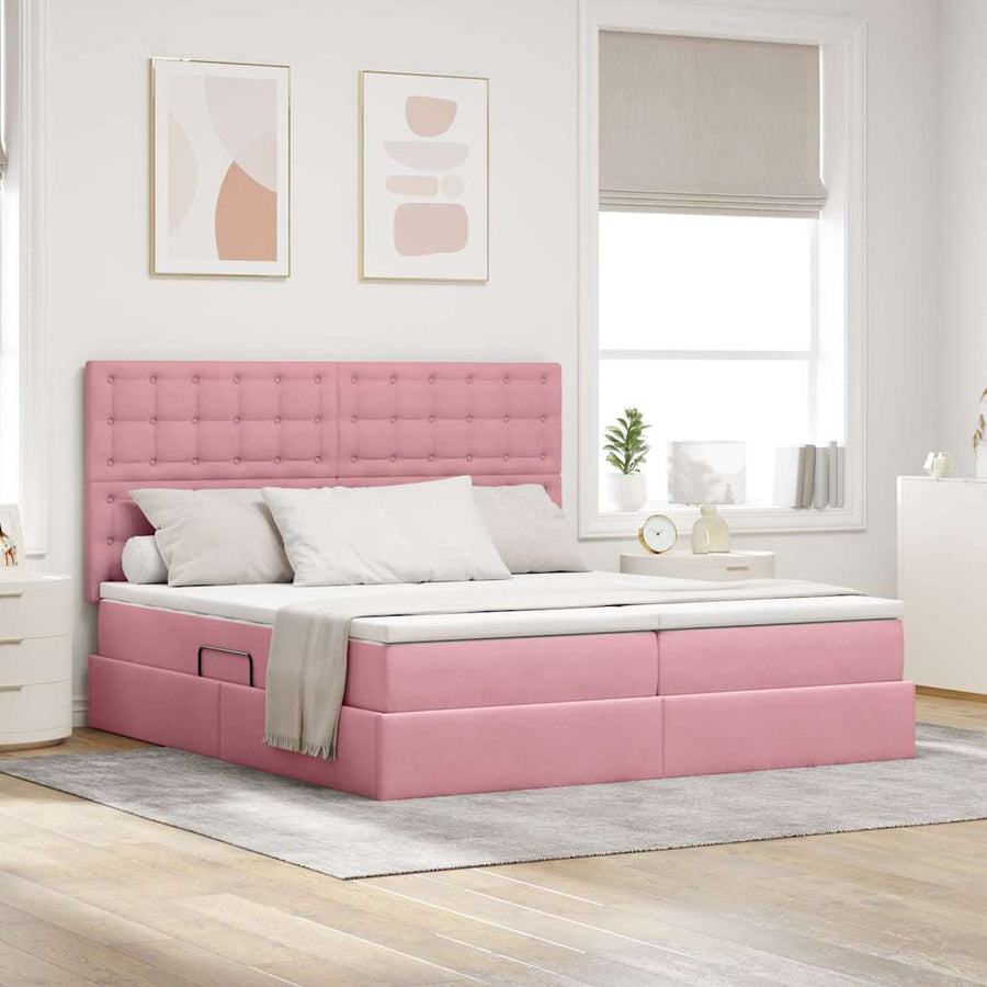 Opslag bed met matras met hoofdeinde Roze 200 x 200 cm Fluweel