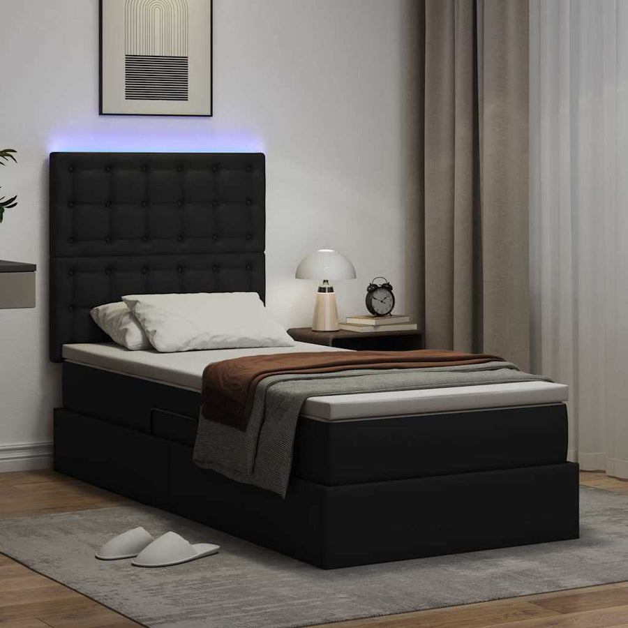 Opbergbed met LED met matras met LED Zwart 90 x 190 cm Nep Leer