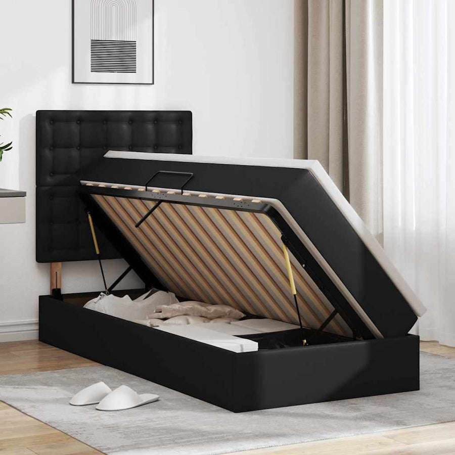 Opbergbed met LED met matras met LED Zwart 90 x 190 cm Nep Leer