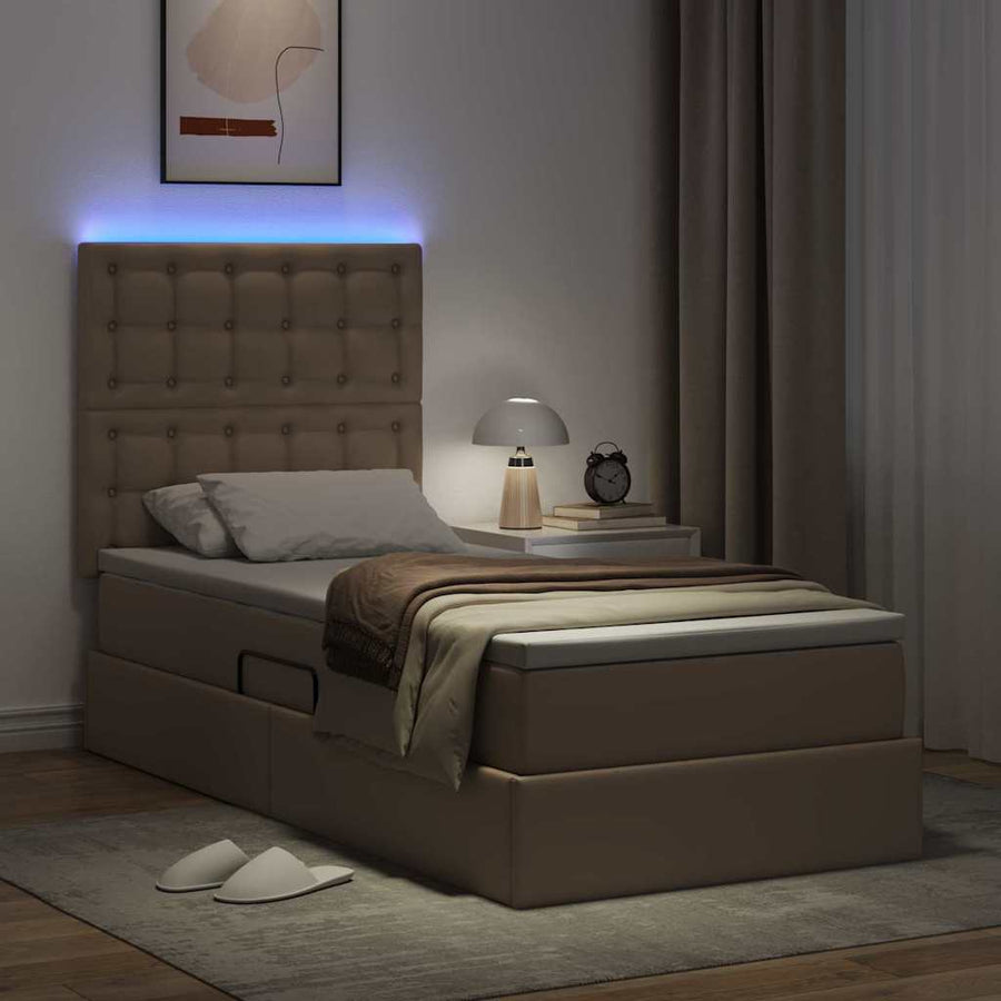 Opbergbed met LED met matras Cappuccino 90 x 200 cm Nep Leer