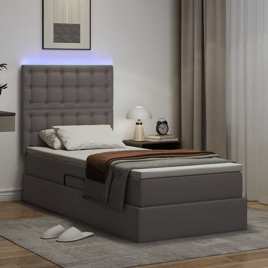 Opbergbed met LED met matras Grijs 100 x 200 cm Nep Leer