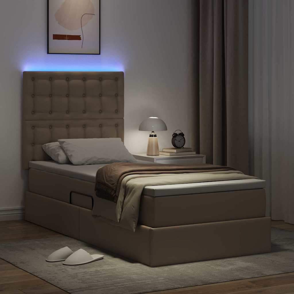 Opbergbed met LED met matras Cappuccino 100 x 200 cm Nep Leer