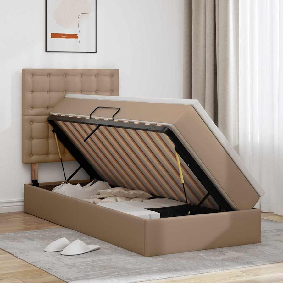 Opbergbed met LED met matras Cappuccino 100 x 200 cm Nep Leer