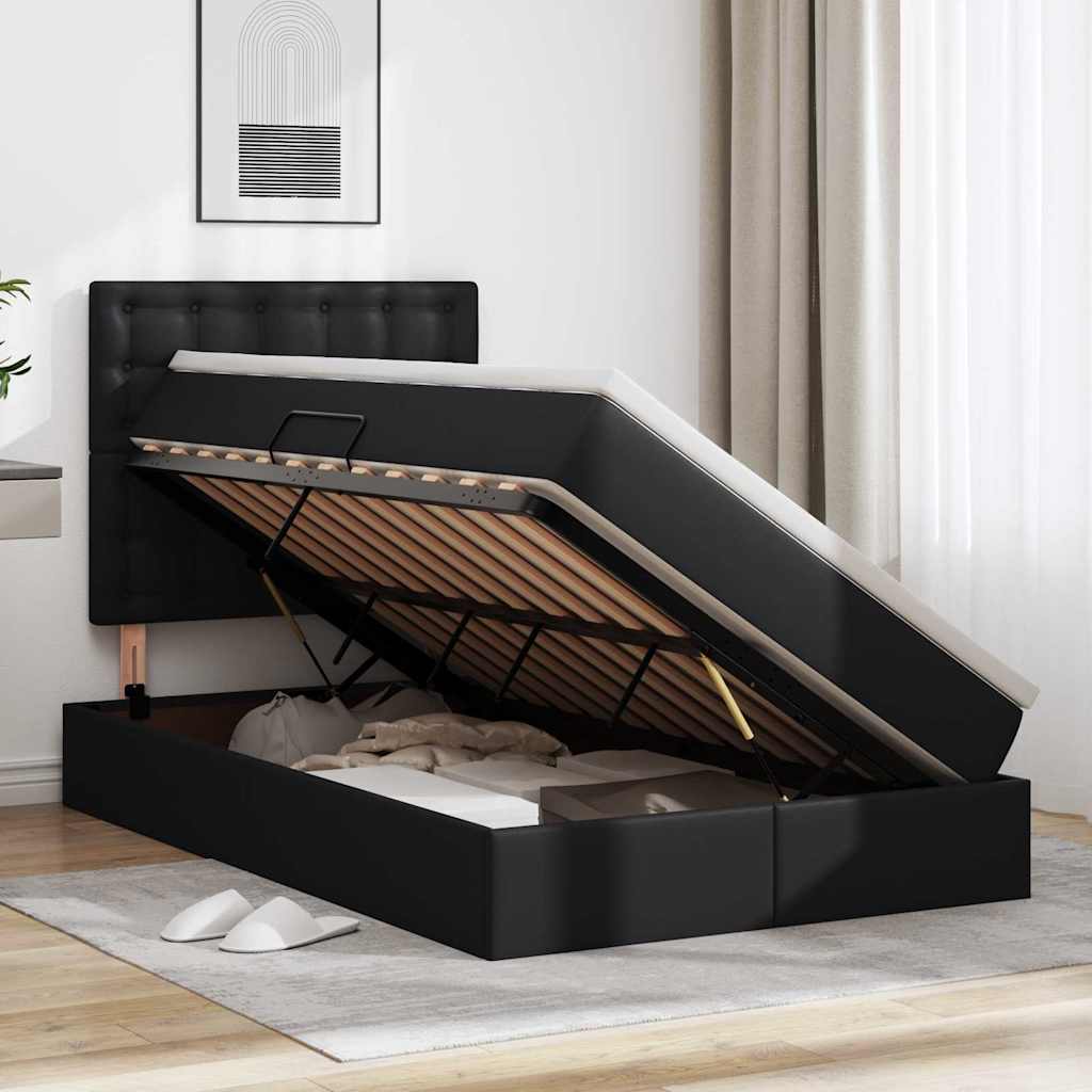 Opbergbed met LED met matras Zwart 120 x 190 cm Nep Leer