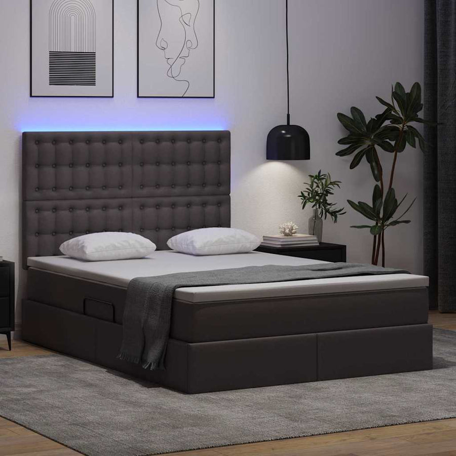 Bed met LED -striplichten met hoofdeinde Grijs 140 x 190 cm PVC