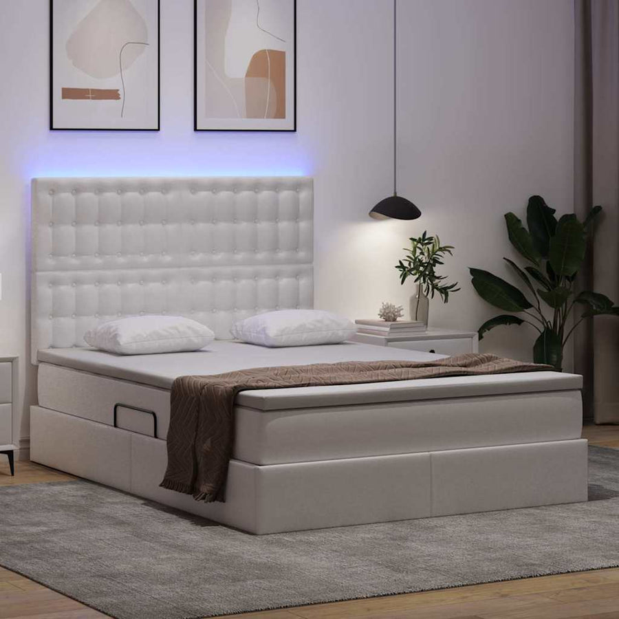 Bed met LED -striplichten met opslag Puur Wit 140 x 200 cm PVC