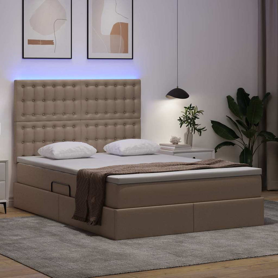 Opbergbed met LED met matras Cappuccino 140 x 200 cm Nep Leer