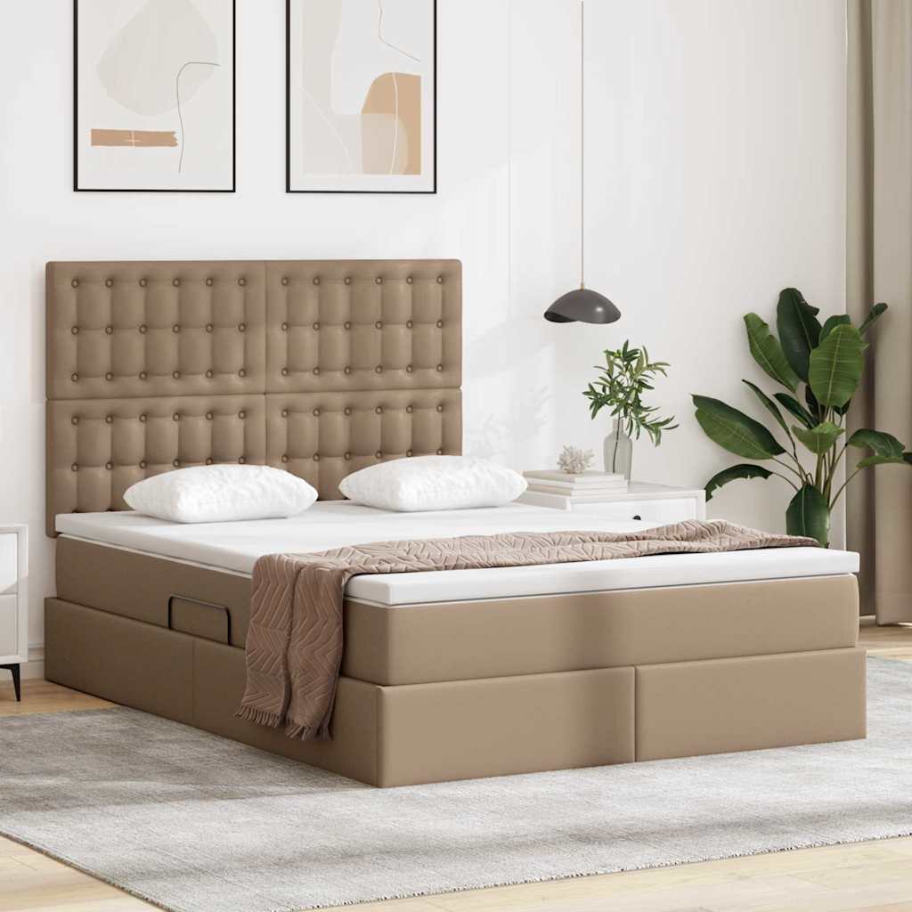 Opbergbed met LED met matras Cappuccino 140 x 200 cm Nep Leer