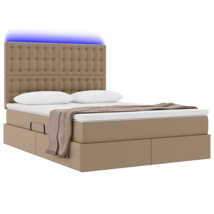 Opbergbed met LED met matras Cappuccino 140 x 200 cm Nep Leer
