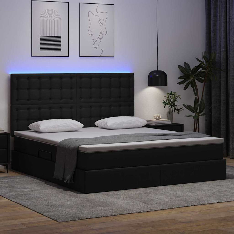 Bed met LED -striplichten met hoofdeinde Zwart 180 x 200 cm PVC