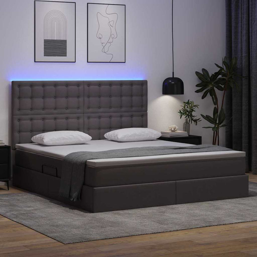 Bed met LED -striplichten met hoofdeinde Grijs 180 x 200 cm PVC