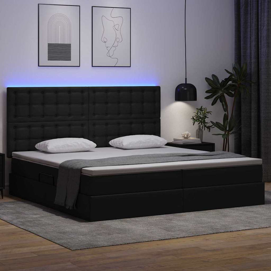 Bed met LED -striplichten met hoofdeinde Zwart 200 x 200 cm PVC