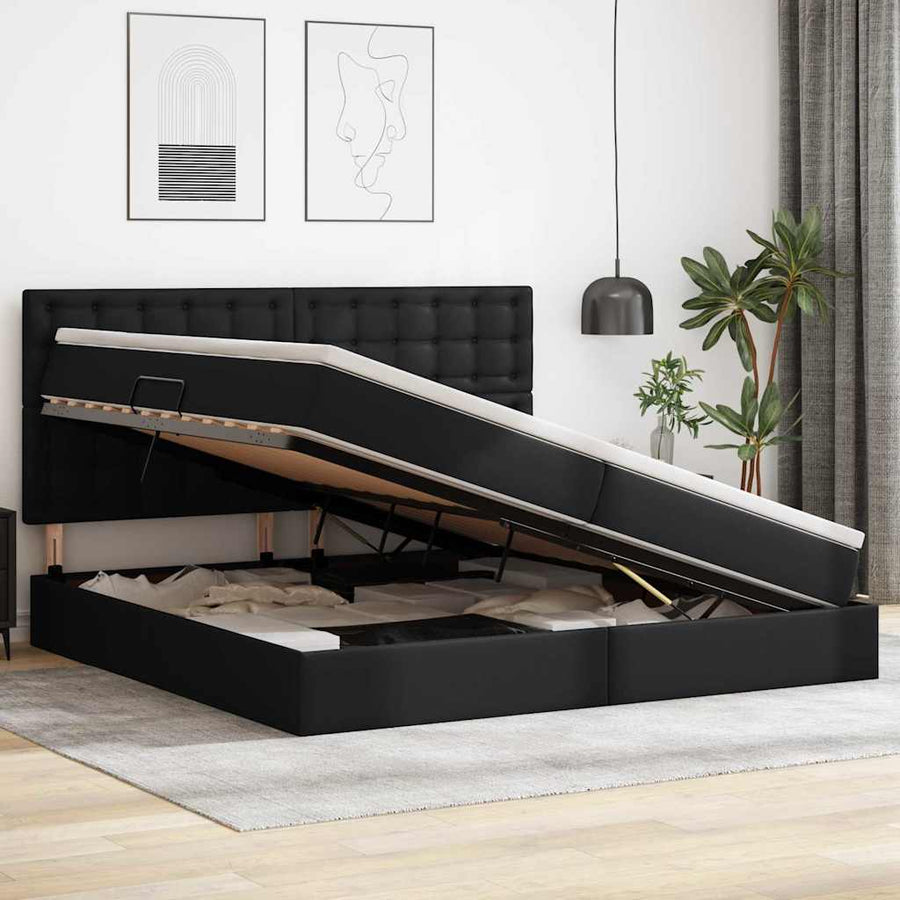 Bed met LED -striplichten met hoofdeinde Zwart 200 x 200 cm PVC
