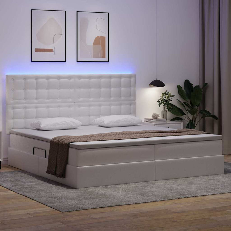 Bed met LED -striplichten met opslag Puur Wit 200 x 200 cm PVC
