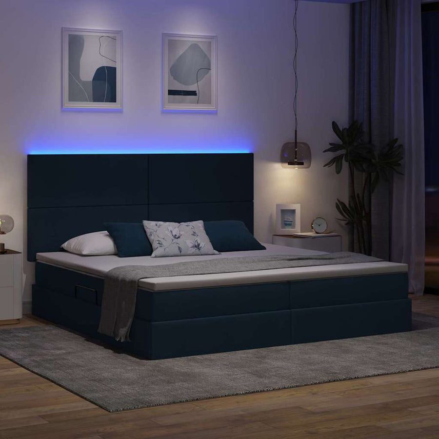 Bed met LED -striplichten met opslag Blauw 200 x 200 cm Stof