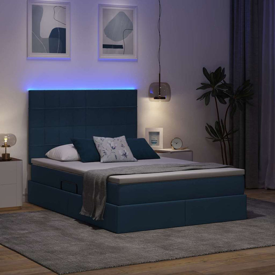 Bed met LED -striplichten met opslag Blauw 140 x 200 cm Stof
