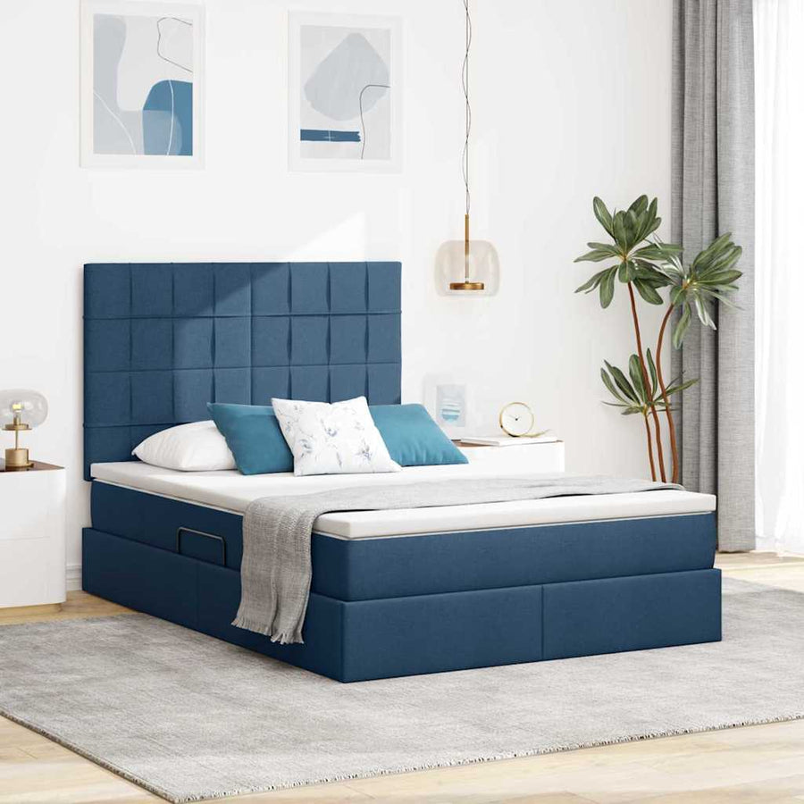 Bed met LED -striplichten met opslag Blauw 140 x 200 cm Stof